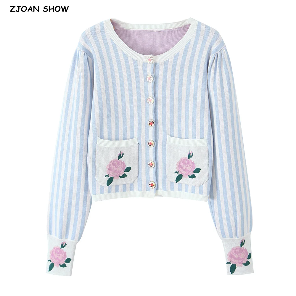 

2025 Sweet Blue White Striped Button Through Pointelle Knit Cardigan Sweater Woman Full Puff Sleeve Jumper Cropped Knitwear