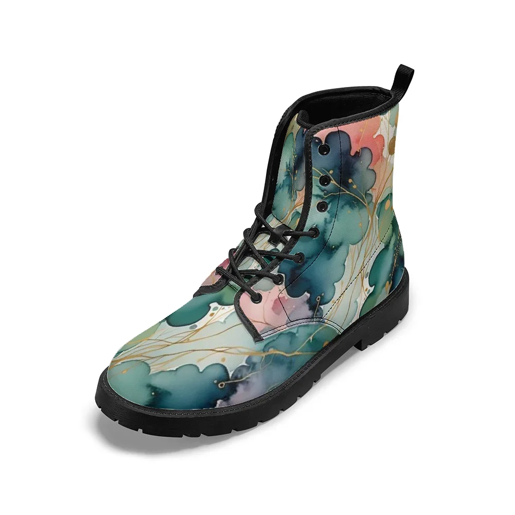 Watercolor lotus leaf print black mid-calf boots, casual and stylish street-style boots for men and women.