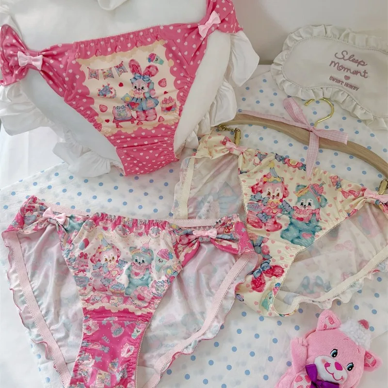 

Lovely Cartoon Bear Printed Underwear Sweet Lace Bowknot Ruffle Panties Women Lolita Dot Low Waist Brief for Girls Lingeries