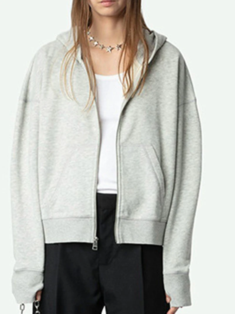 

Women's hoodie for autumn and winter comfortable and casual Back wings rhinestone light gray hooded short jacket sports jacket