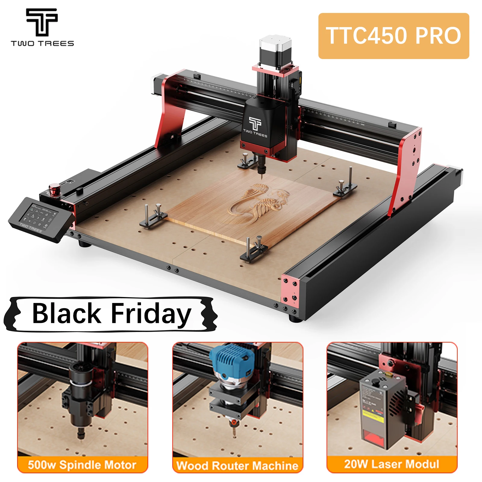 Twotrees TTC450 PRO, enrutador CNC de 3 ejes/4 ejes, fresadora, cortadora, grabador láser GRBL para madera, acrílico, PCB, PVC, MDF, Metal