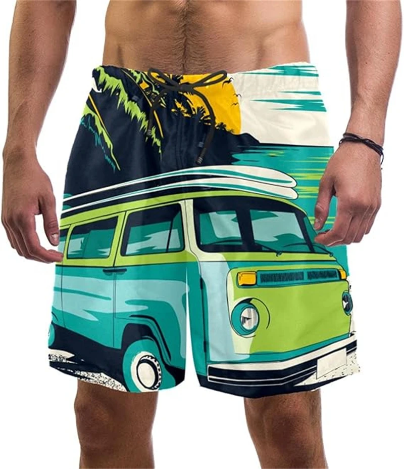 

Men's Loose Beach Shorts Funny Bus 3D Printed Hawaiian Shorts Harajuku Streetwear Baggy Mens Clothes Fashion Kids Swim Trunks