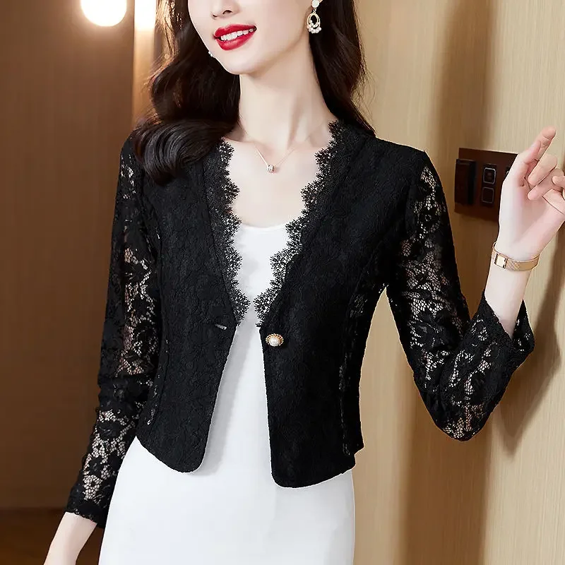 Spring Summer Women\'s Short Sleeve Shrug Lace Hollow Out Solid Color Cape Cardigan Shurg Female Small Shawl Thin Outwear E47