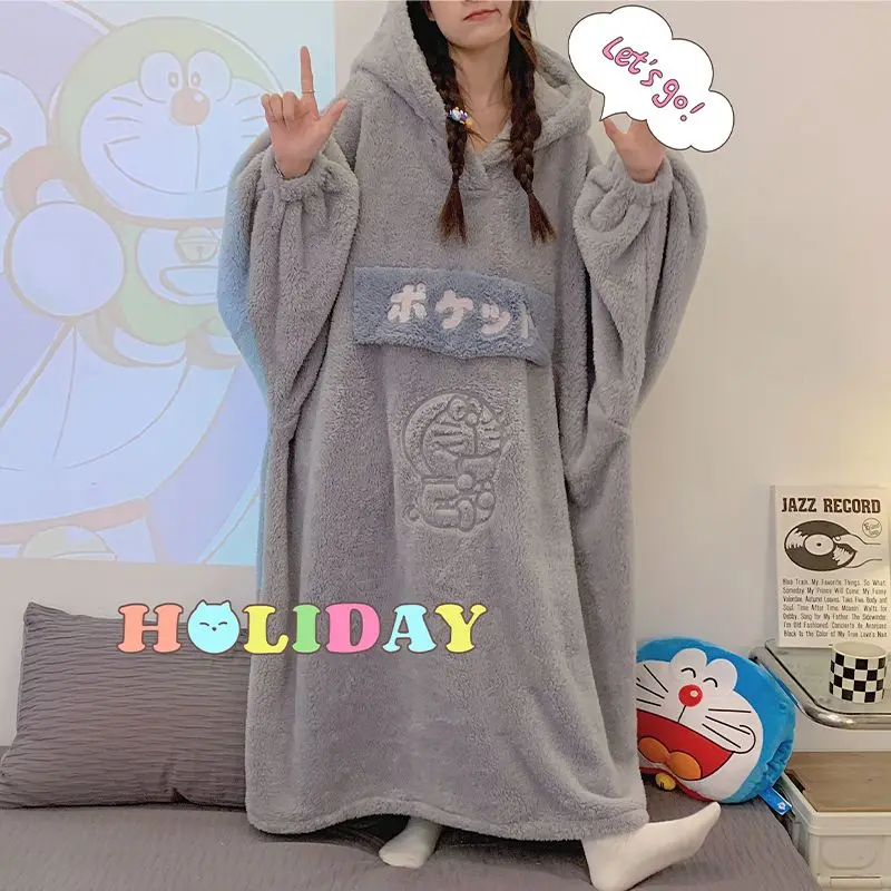 Autumn Winter Coral Fleece Women Home Clothes Solid Color Thick Loungewear Flannel Warn Loose Comfortable Pajama Can Be Wear Out