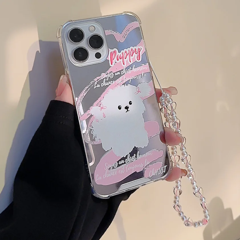 Luxury Pink Doggy Makeup Mirror Phone Case Fro IPhone 15 14 13 12 11 Pro Max Plus Mirror Face Shockproof Hard Cover