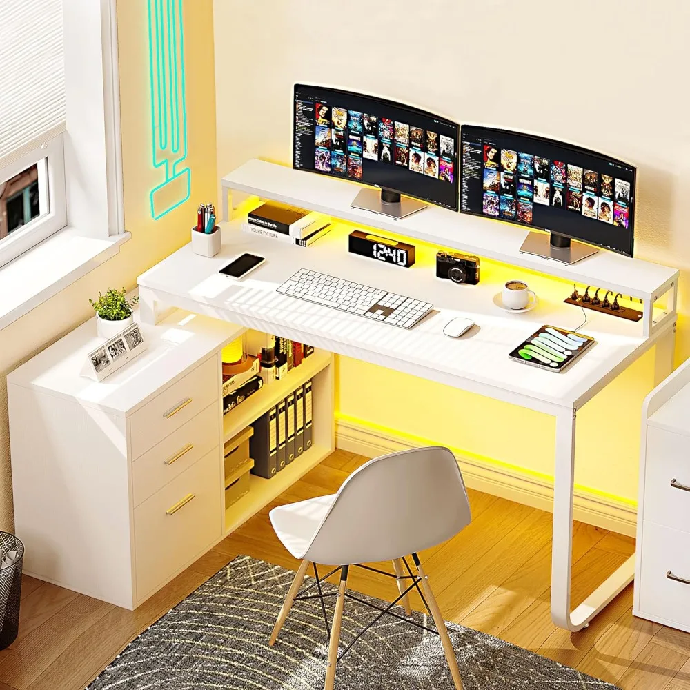 L-shaped desk with drawers, 55” corner computer desk with electrical outlets, L-shaped desk with LED lights and filing cabinet