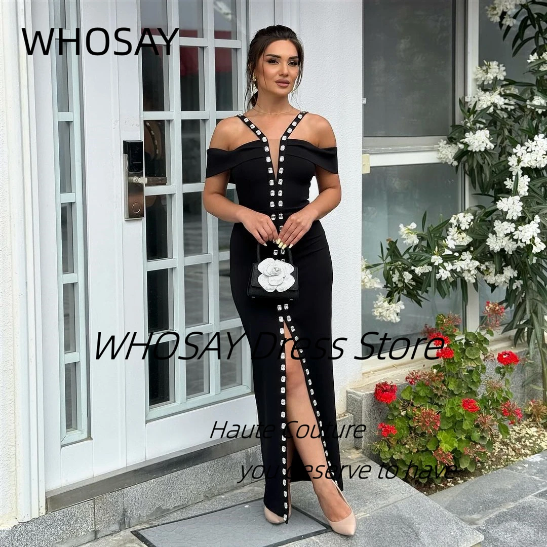 

WHOSAY Sexy Front Slit Black Prom Dresses with Crystals Evening Party Dress Spaghetti Off Shoulder Holiday Banquet Gowns