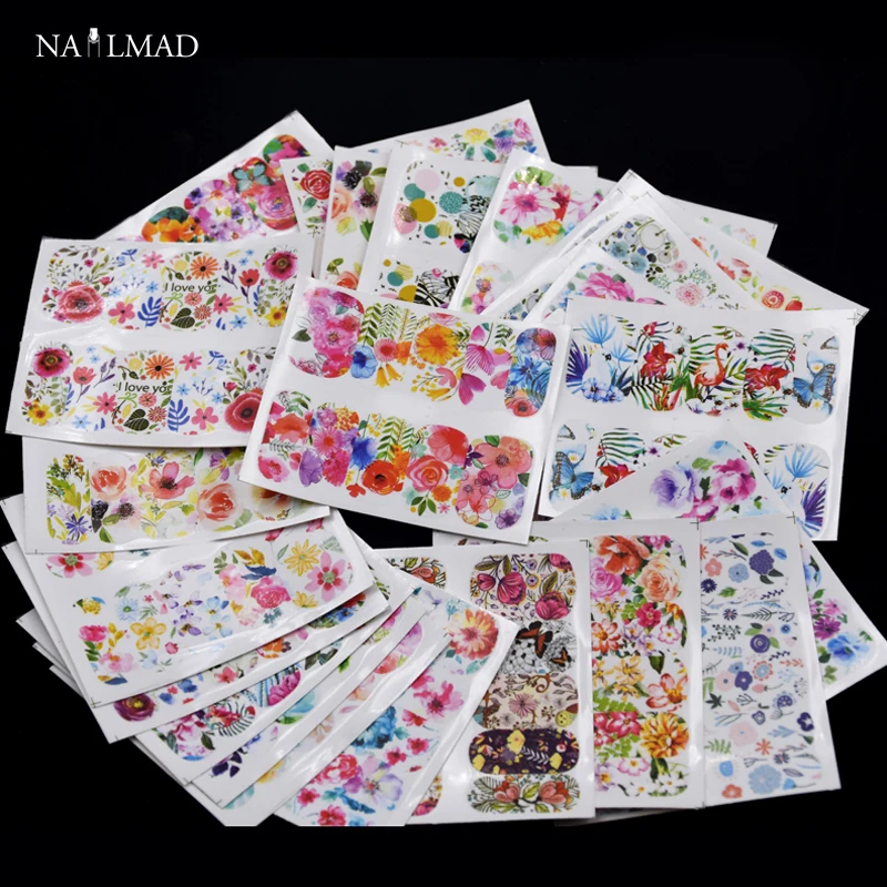 24pcs Tropical Flamingo Nail Water Decals Floral Flower Nail Art Tattoo Decals Water Slide Dandelion Flower Stickers