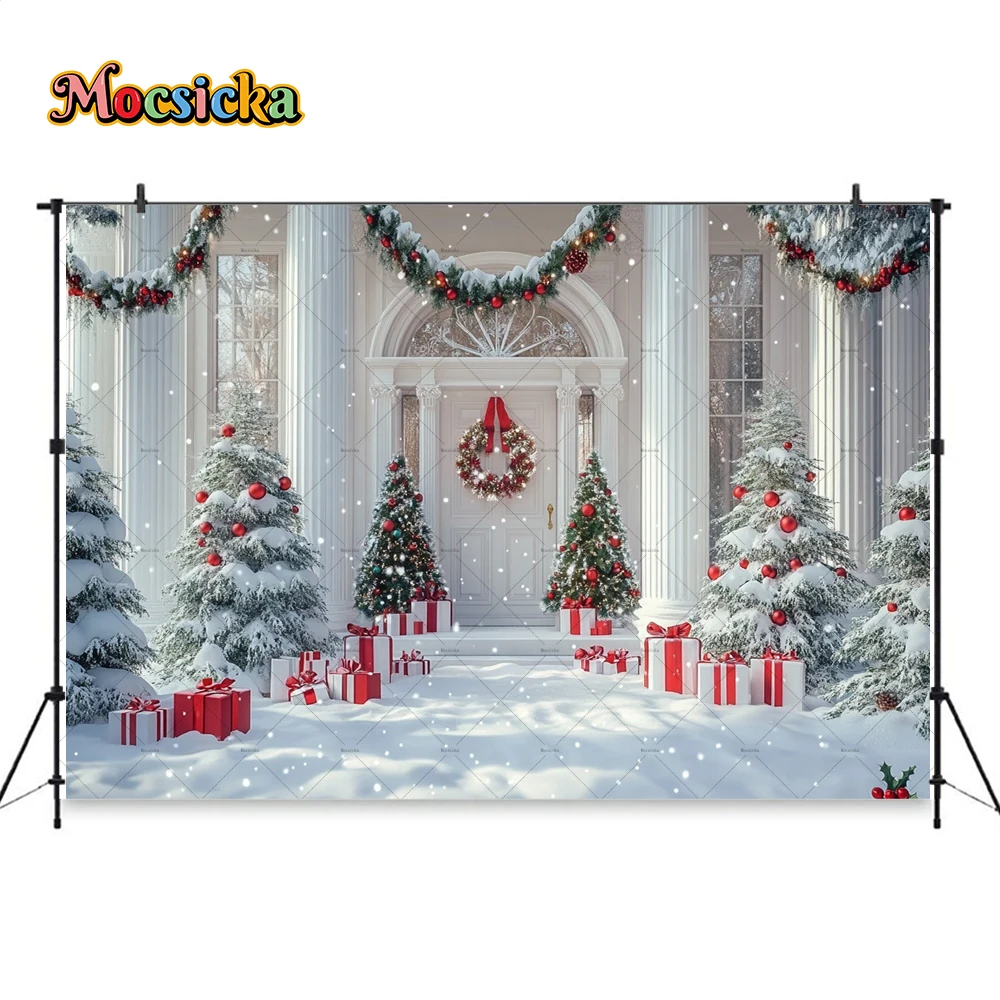 Mocsicka-أبيض خلفية منزل عيد الميلاد ، خلفية باب عتيقة ، ديكور منزلي ، استوديو صور ، ديكور شتوي خارجي ، هدية شجرة الكريسماس