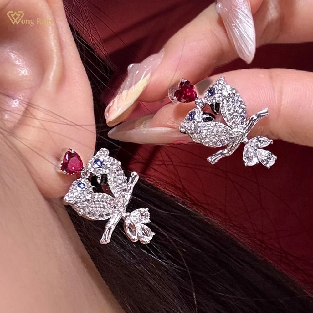 

Wong Rain Sparkling 925 Sterling Silver Love Heart 5*5 MM Ruby High Carbon Diamond Gems Drop Earrings Studs Fine Jewelry Gifts