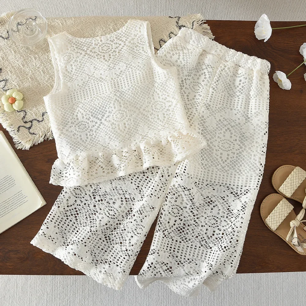 Kinderkostüme 2026 Sommer Mode Neue Mädchen Weiße Kleidung Einfarbig Ärmelloses Oberteil + Hose Lässiges Zweiteiler-Set – Detail 3