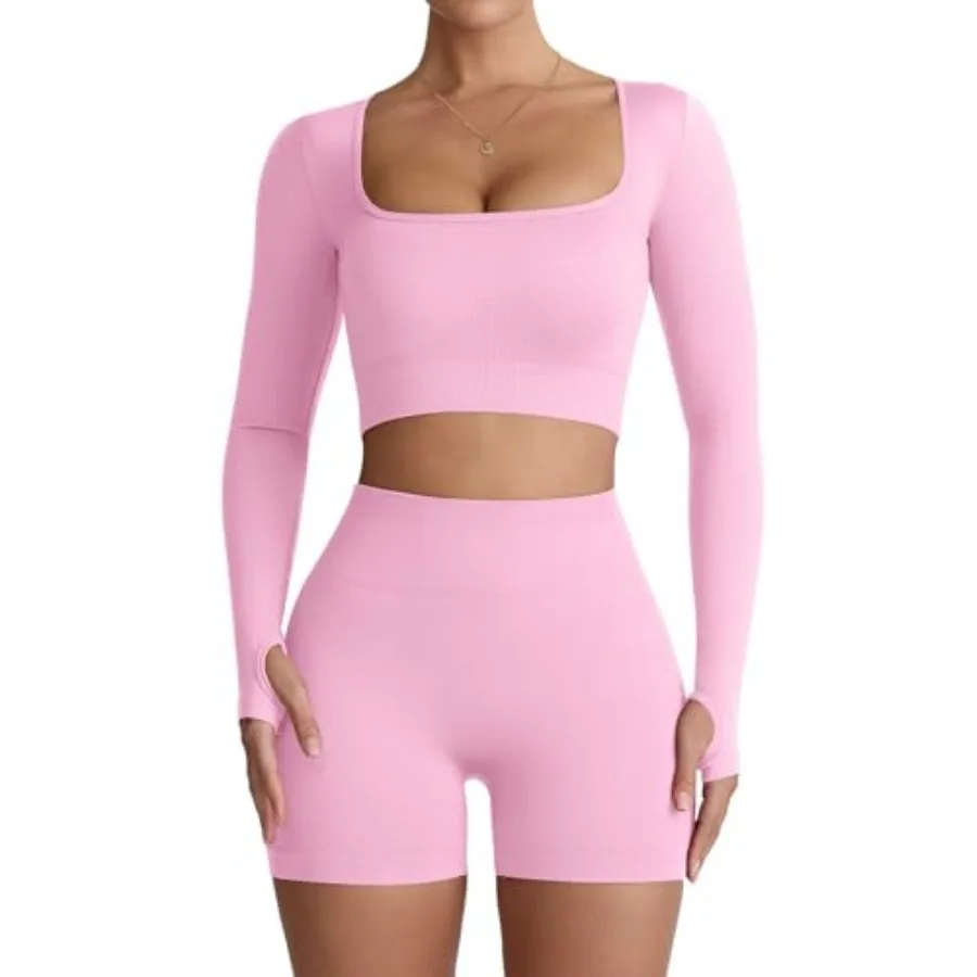 

Two Pcs Workout Set for Women Long Sleeve Top Matching High Waist Scrunch Butt Shorts Gym Sets Yoga Outfits Sets