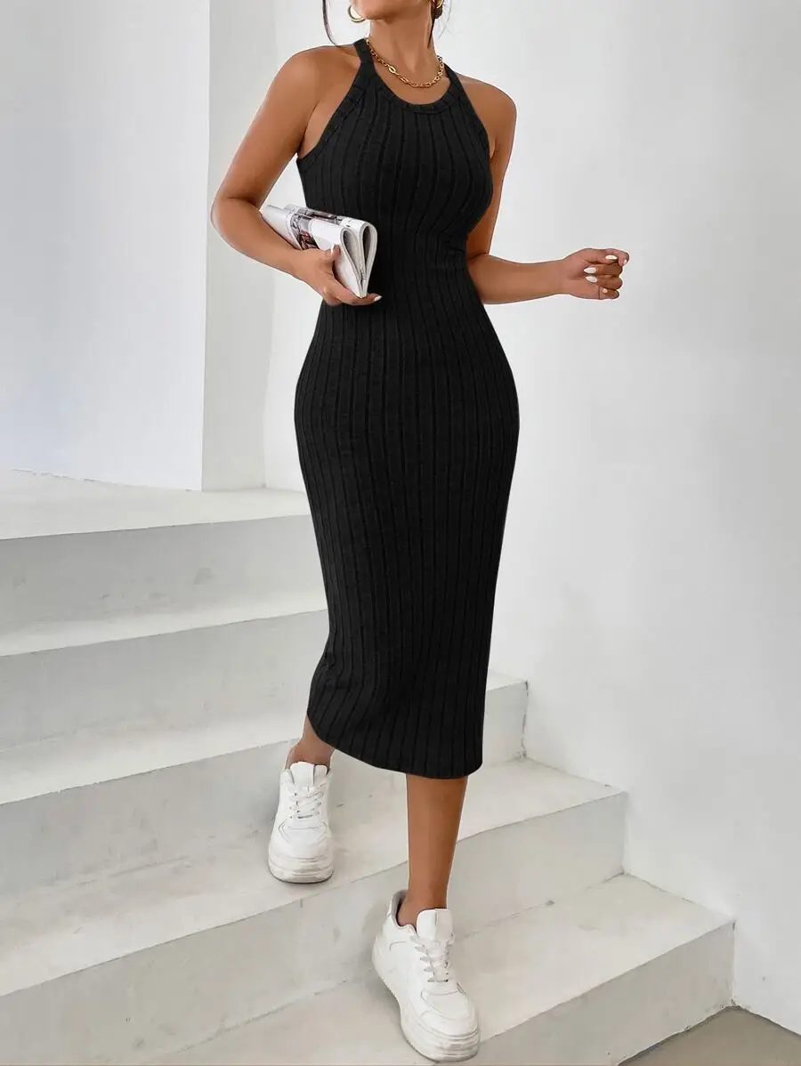 

Black Ribbed Halter Neck Bodycon Midi Dress with High Stretch