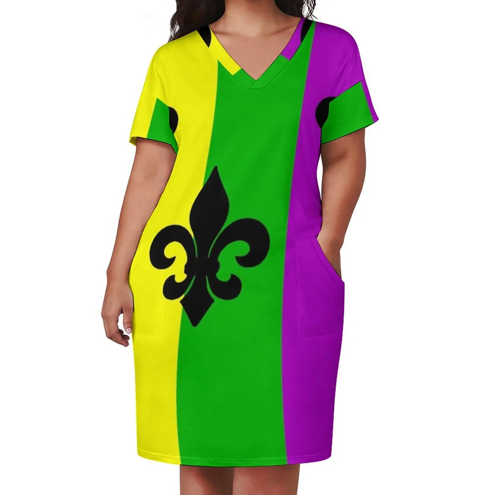 Fleur de Lis with Mardi Gras colors Loose Pocket Dress Woman's evening dress women long dresses fairy dress