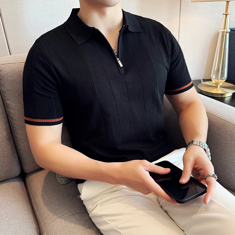 

Men Polos Tee Half Zipper Pit Strip Summer Thin Ice Silk Stripe Knitted Short Sleeve Polo Shirt Casual Lapel T-shirt Black New