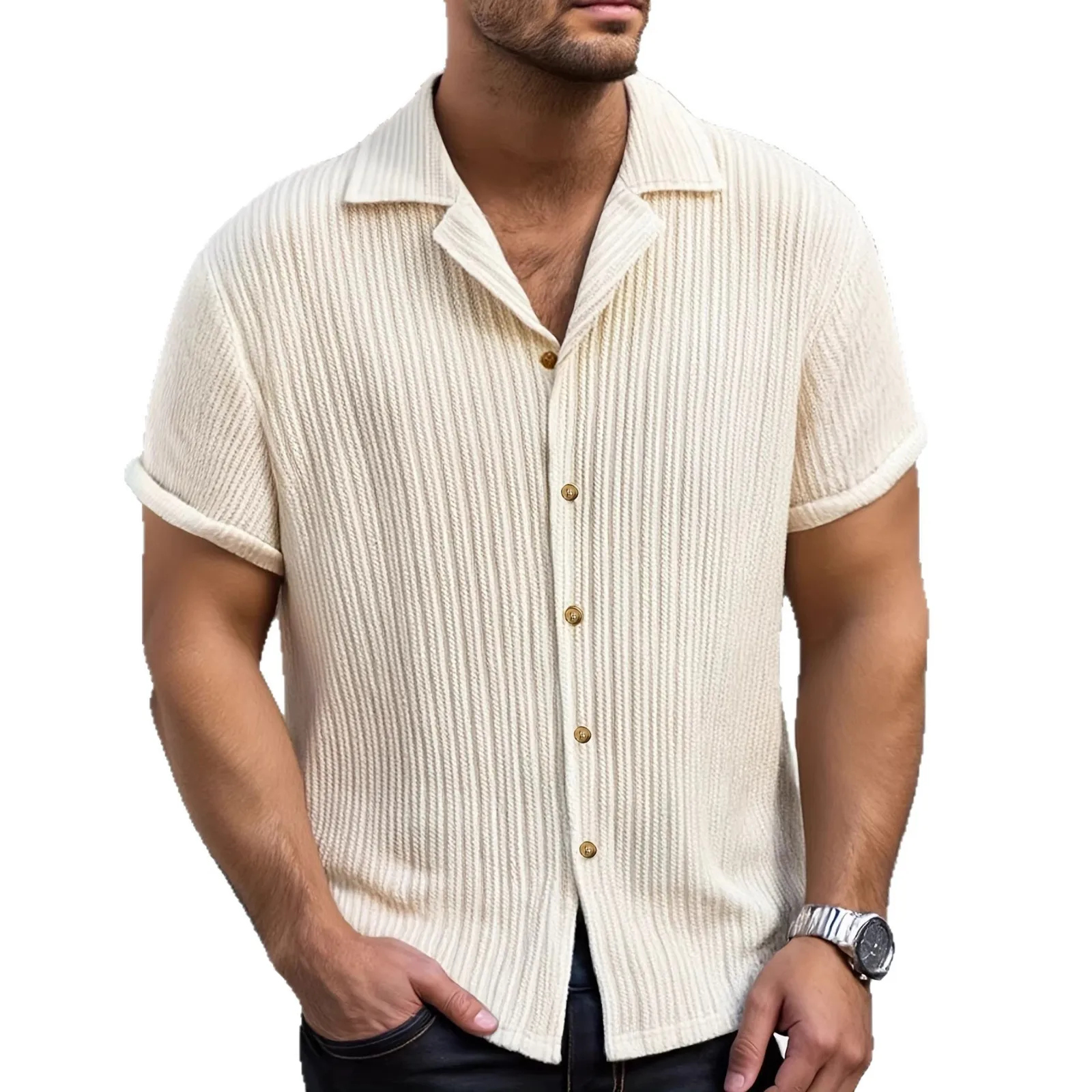 2026 New Summer Men's Vintage Knit Cuban Collar Short Sleeve Shirt European American Luxury Textured Button Down Casual Shirt