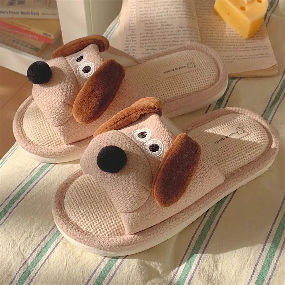 

Ladies Soft Sole Casual Couple Style New Shoes Ventilated Comfortable Cute Puppy Pattern Design Non-slip Linen Home Slippers