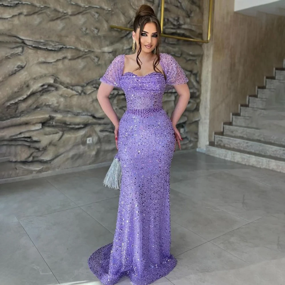 

Exquisite Graceful Purple Women's Mermaid Classic Evening Dresses Modern Shiny Off The Shoulder Prom Gowns Sequined Robe De Bal