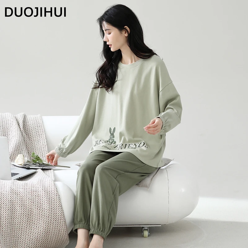 Duojihui Chic Letter Print Casual Home Pyjamas für Frauen neue klassische O-Neck Pullover Basic lose Hose einfache weibliche Pyjamas Set