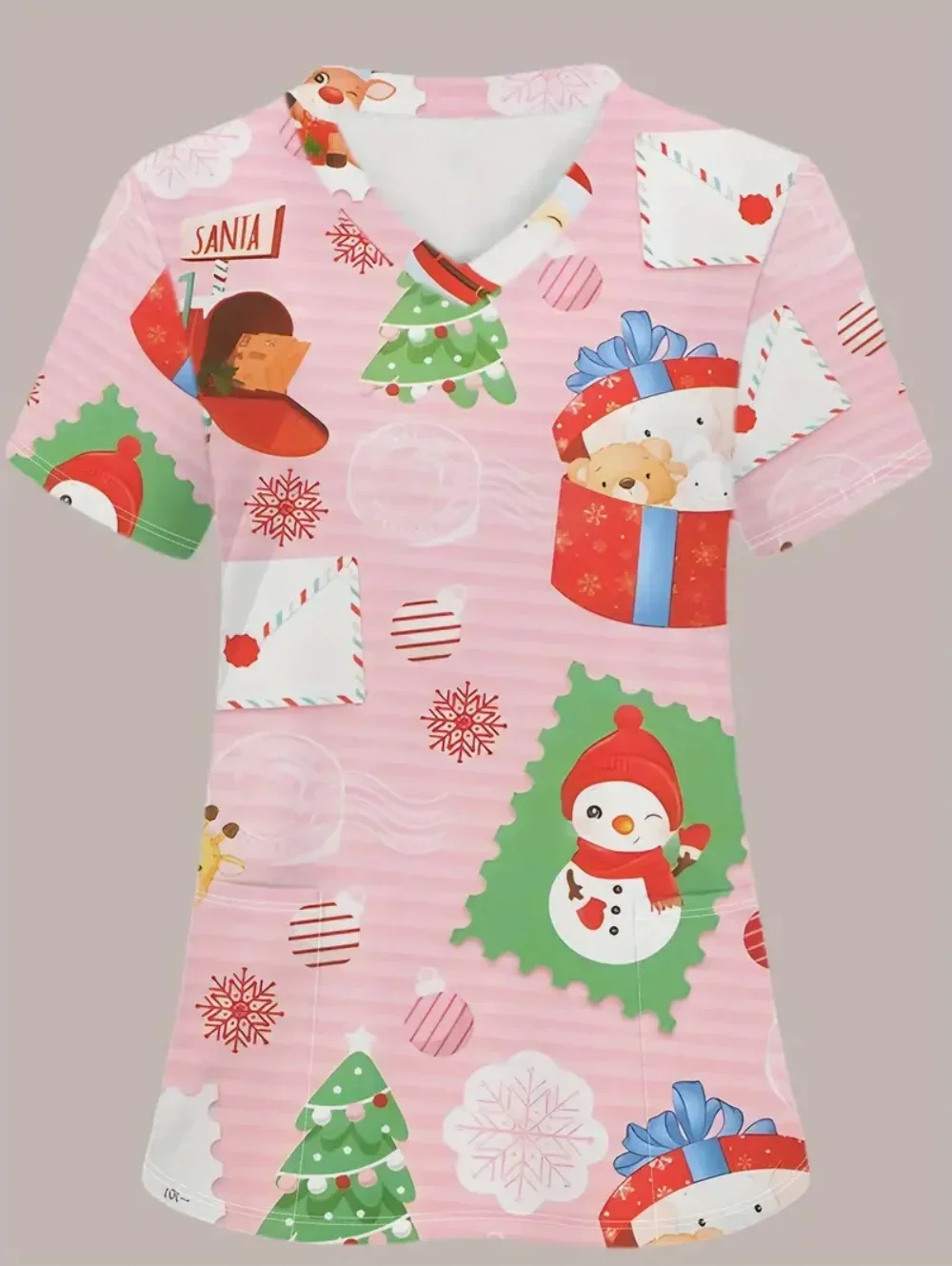 

Christmas Cartoon Pattern Print Nursing Scrubs Tops for Women Short Sleeve Summer Surgical Uniforms with Pockets Cute Fashiona