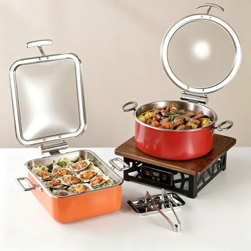DELE 304 Stainless Steel Buffet Warmer Hydraulic Glass Lid Electric Water Bath Heating Chafing Dish for Hotel Restaurant