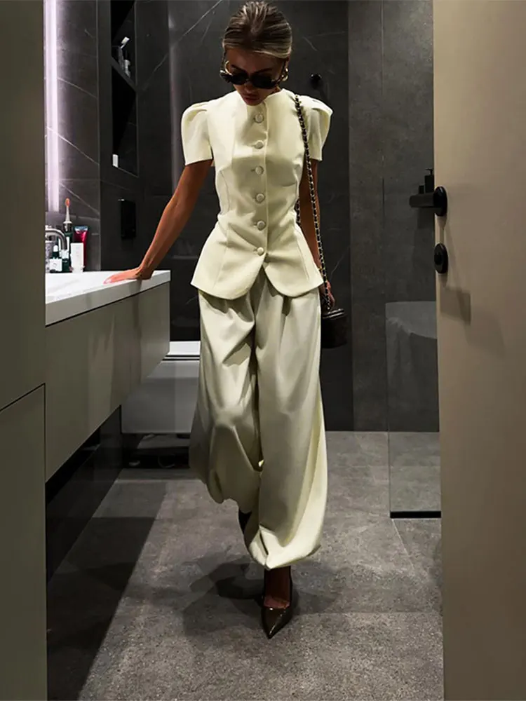 Puffärmel-Oberteil mit Taillenschnürung und Laternenhose für Damen, Streetwear-Set mit Einreiher-Oberteil und Weiter Hose, Schicke Damen-Sets – Detail 16