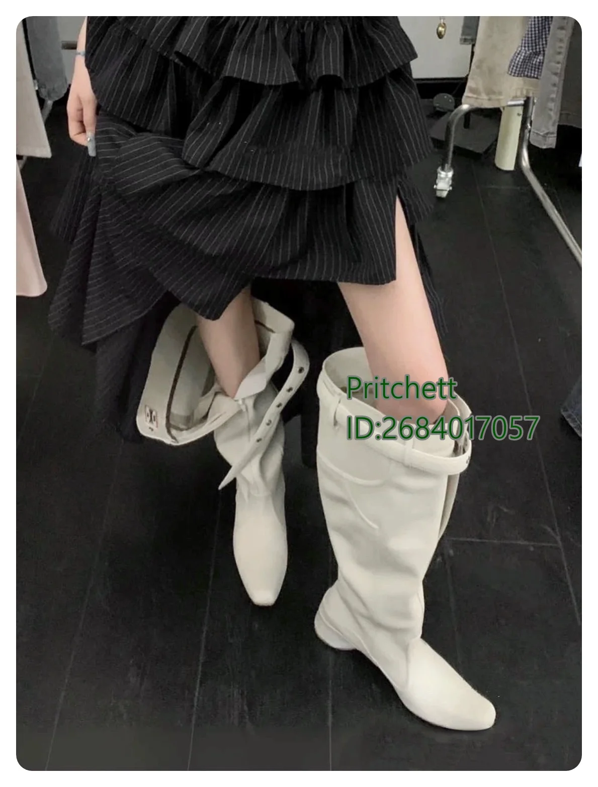 Strange Heels Pleated Knee High Boots Vintage Western Cowboy Boots Square Toe Solid Buckle Hot Girl 2024 New Arrivals Flats