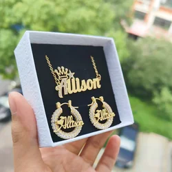 DUOYING Custom Nameplate Set Full Zircon Neckalce Bling Earrings Personalized Mini Hoop Stainless Steel For Kids Jewelry