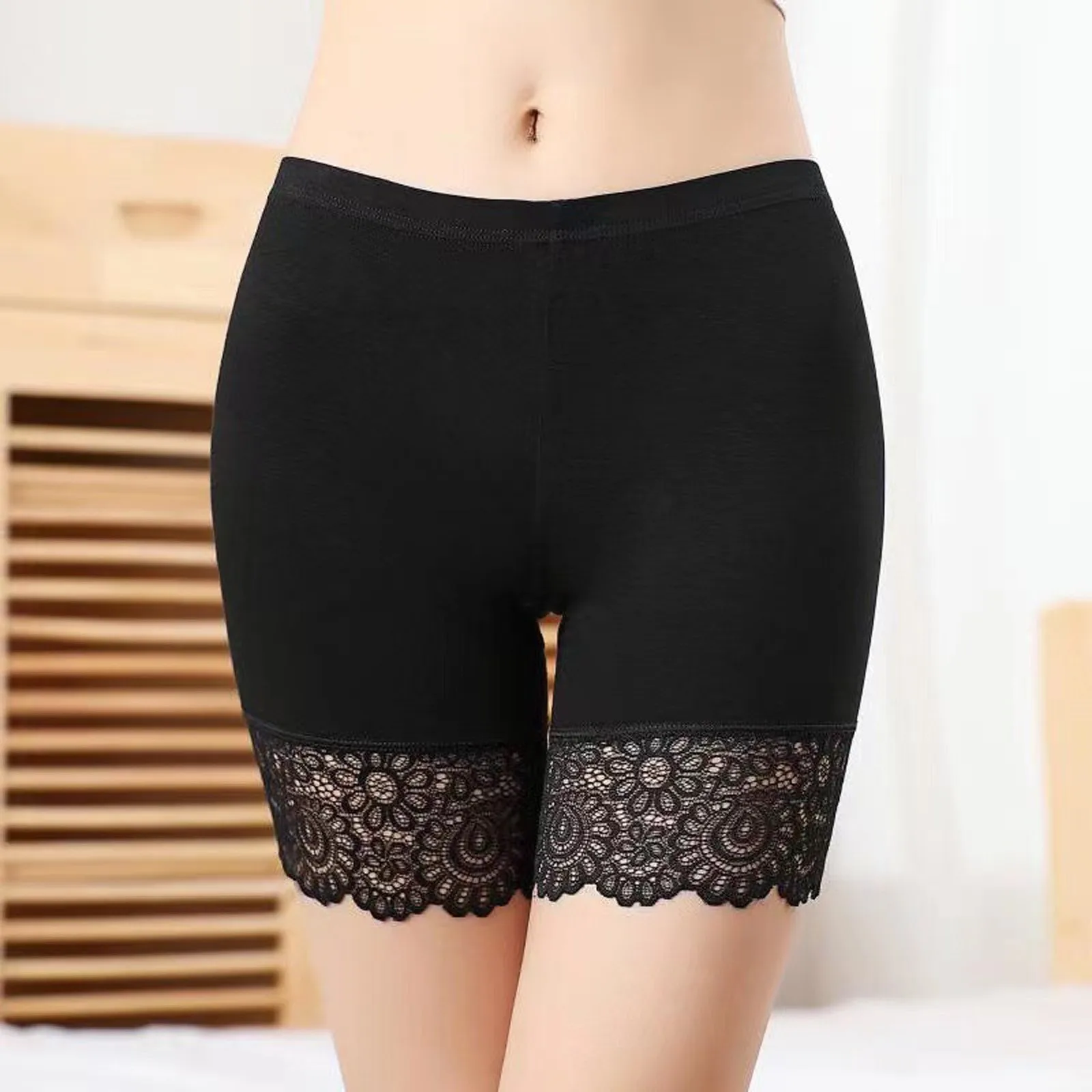 Women's Solid Short Pants Lace Splice Non Rolling Plus Size Leggings Tight Underwear Shorts For Under Dresses Chafing Thigh Band