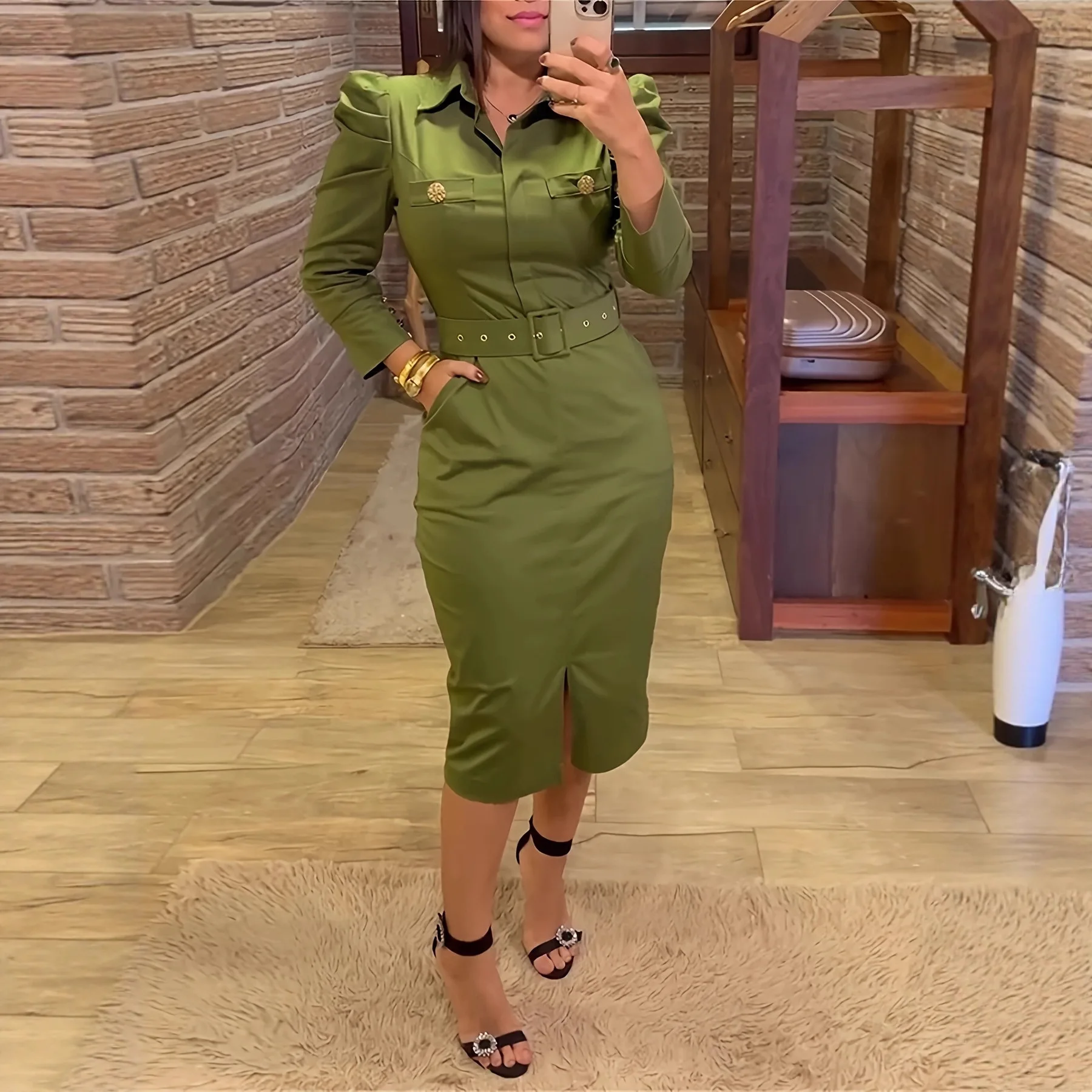 

Autumn Fashion Elegant Dresses Turn-Down Collar Long Sleeve Button Decor Front Slit Slim Fit Mid-Calf Dress Work Bodycon Dress