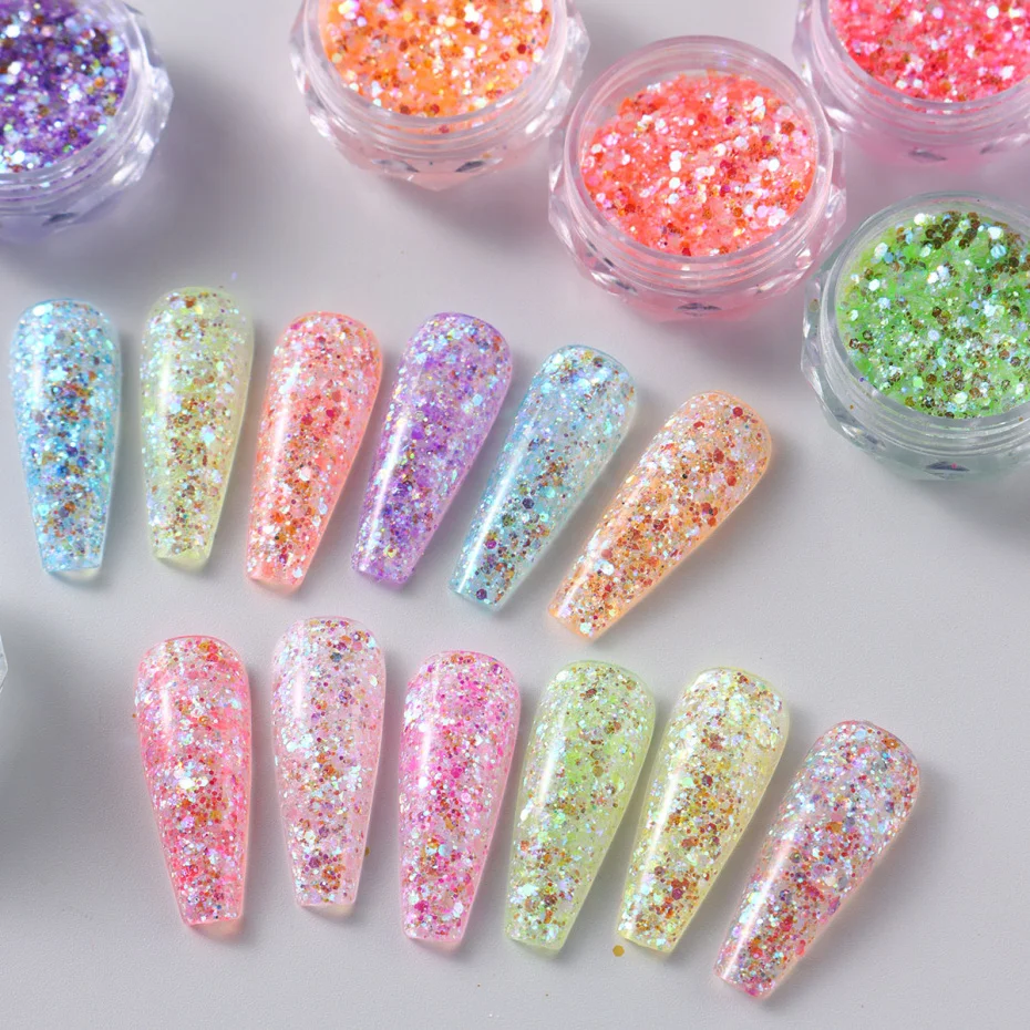 Holográfico Colorido Nail Glitter Sequins, Sparkly Sereia, Flocos De Hexágono, Festival De Natal, Acessórios De Manicure Brilhante, Caixa De 12
