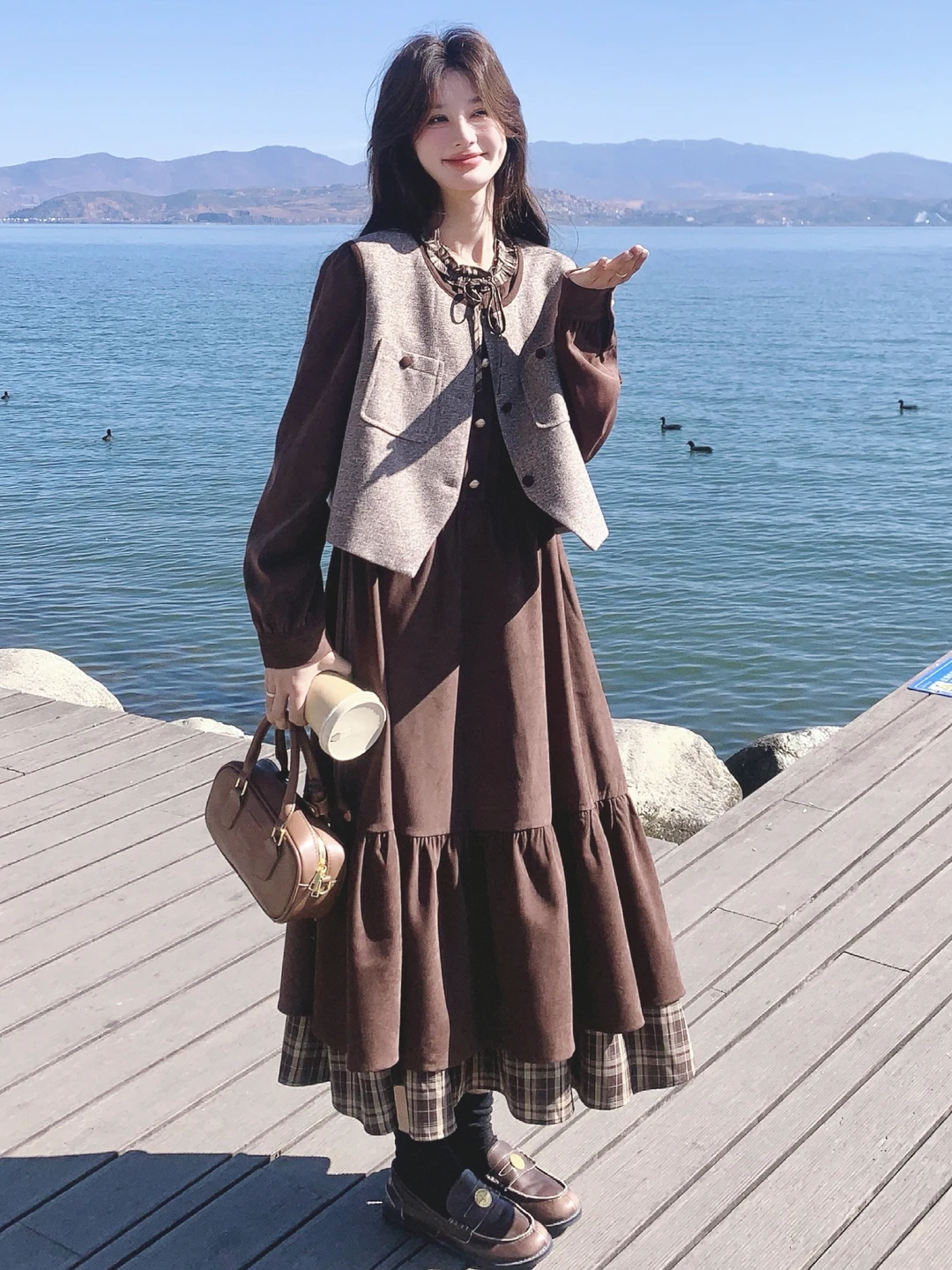 

Plaid Patchwork Double Layer Umbrella Skirt Dr Vest Set Women's Spring Autumn Sle Retro Faion Two Piece Set Casual Date