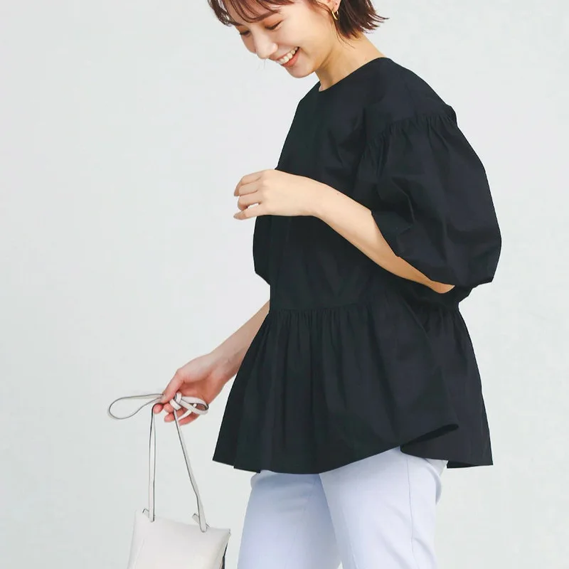 Nomikuma 2023 Summer New Women Japan Style Doll Shirt Chic Sweet Puff Sleeve O-neck Blouse Causal High Waist Ruffle Blusas Top