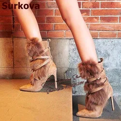 Surkova Apricot Warm Fur Ankle Boots Stiletto Heels Suede Pointed Toe Lace-Up Booties Fluffy Plush Winter Dress Shoes Burgundy