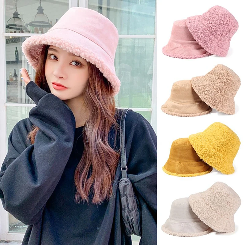 Double Sided Bucket Hat Autumn Winter Warm Thick Plush Fisherman Hats Women Korean Fashion Corduroy Lamb Faux Fur Panama Beanies