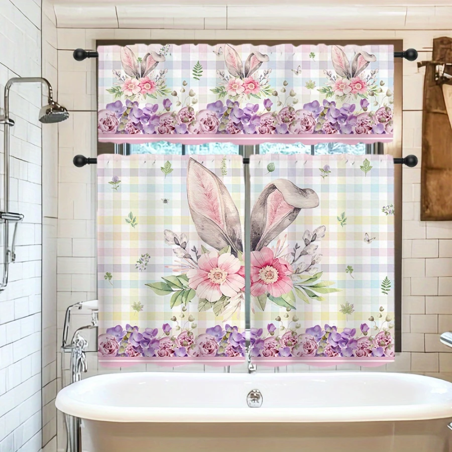 3PCS Pastel Plaid Bunny Ear Purple Flower Print Kitchen Curtain Set, Rod Pocket Tiers for Easter Spring Kitchen Home Decor