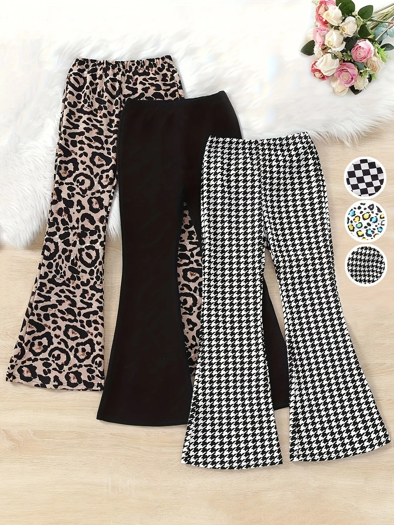 Trendige Mädchen 3er-Pack Schlaghosen mit Hahnentrittmuster und Leopardenprint Y2K Streetwear Mode-Hosen