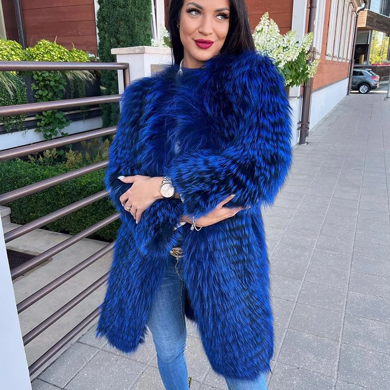 Genuine Blue Fox Fur Jacket Women Winter Luxury New Long Sleeve Warm Hairy Outertwear 2022 Fox Fur Woven Coat Female