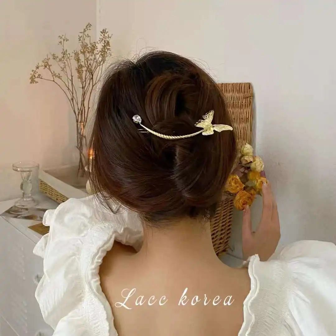 2022 Korean Metal Hairpin U Shape Hairgrips Pearls Hair Clips Vintage Crystal Butterfly Hair Barrettes Bun Hairstyle Accessories