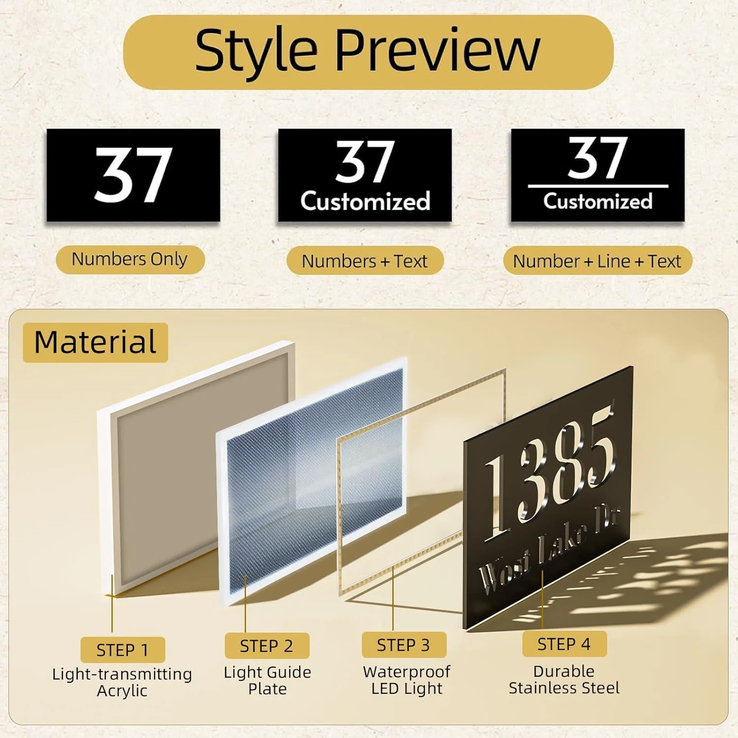 Moderno iluminado retroiluminado números de casa sinal personalizado led placa de endereço iluminado com acabamento de metal retroiluminado apartamentos escritórios sinal