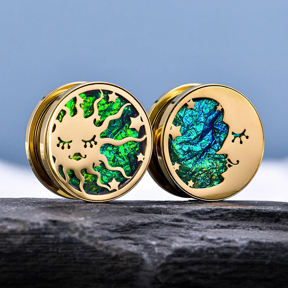 KUYOUTH 2PCS Stainless Steel Sun Moon Ear Expanders Screw Gauges Tunnel Plugs Body Jewelry Stylish Ear Piercing Earrings