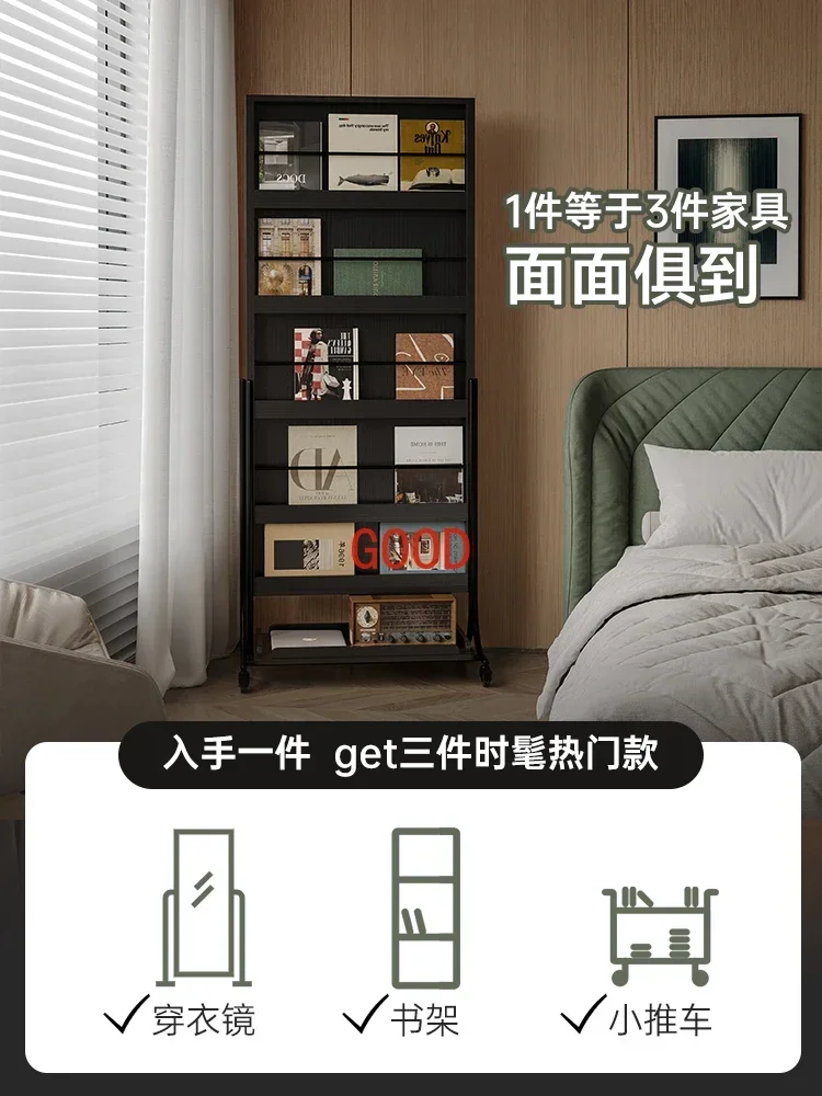 Removable Full-Length Mirror Floor Magazine Rack Dressing Mirror Rotating Black