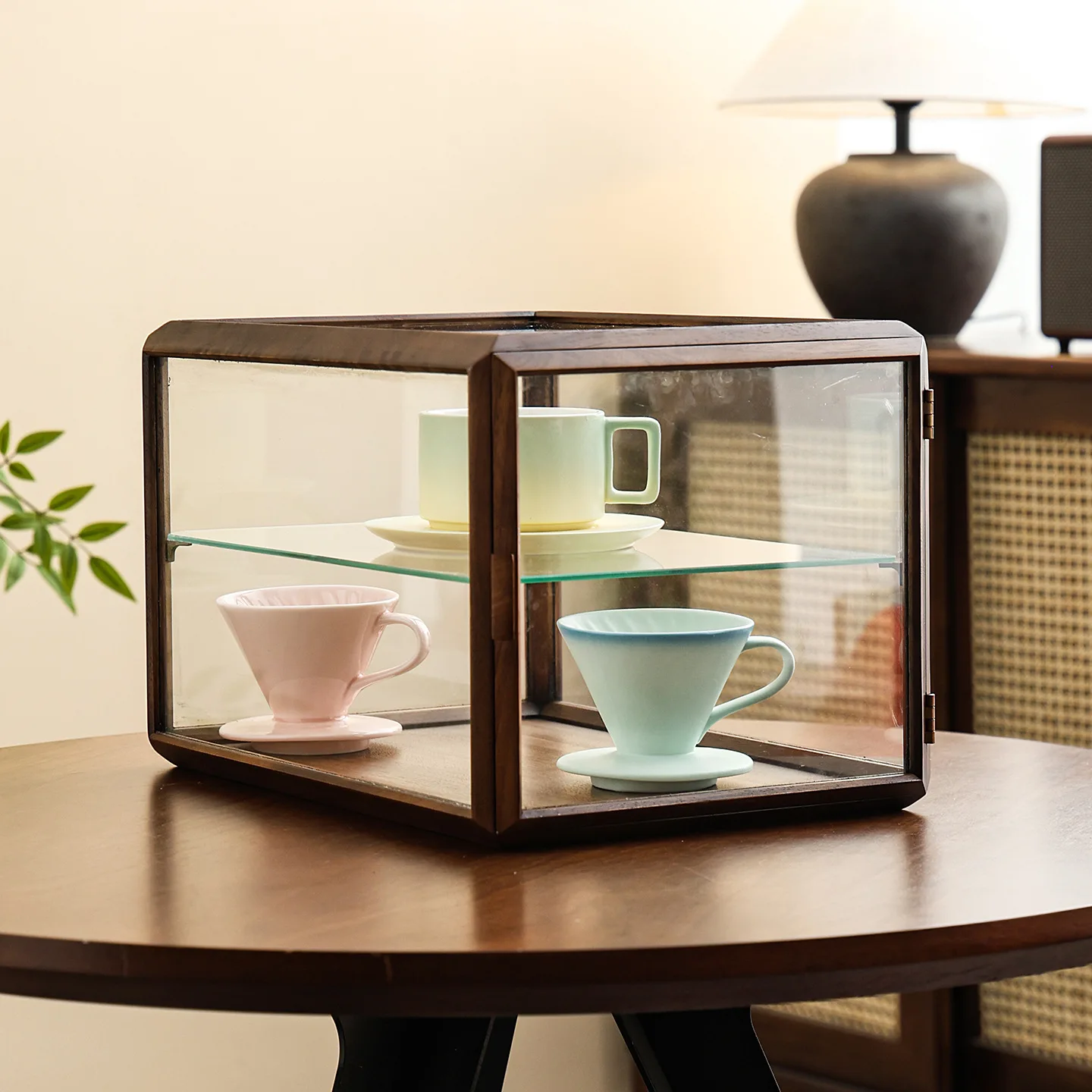 HYS Black Walnut Solid Wood Desktop Storage Box Tea Set Locker Living Room Tea Table Small Locker Glass Door Display Cabinet