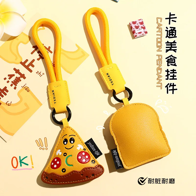 Cute Cartoon Pizza Hamburger Doughnut Toast Keychain Creative Breakfast Leather Keyring Backpack Decoration Bags Pendant