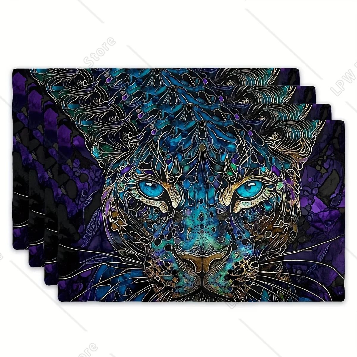 

4pcs Set of Placemats Mysterious Blue Leopard Theme Rectangular Kitchen Dining Table Mats (12 inches x 18 inches) Suitable f