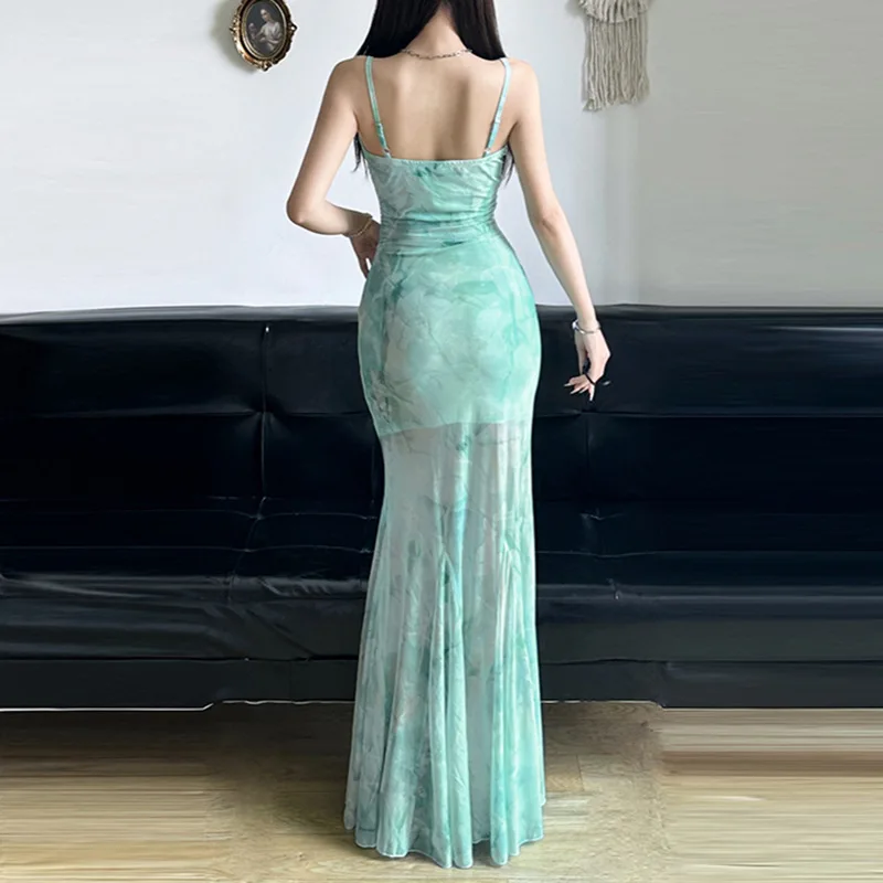 French Dress Fresh Mint Green Tie Dye Printed Mesh Suspender Long Dress Pure Desire Sexy Lace Patchwork Urban Fish Tail Dresses