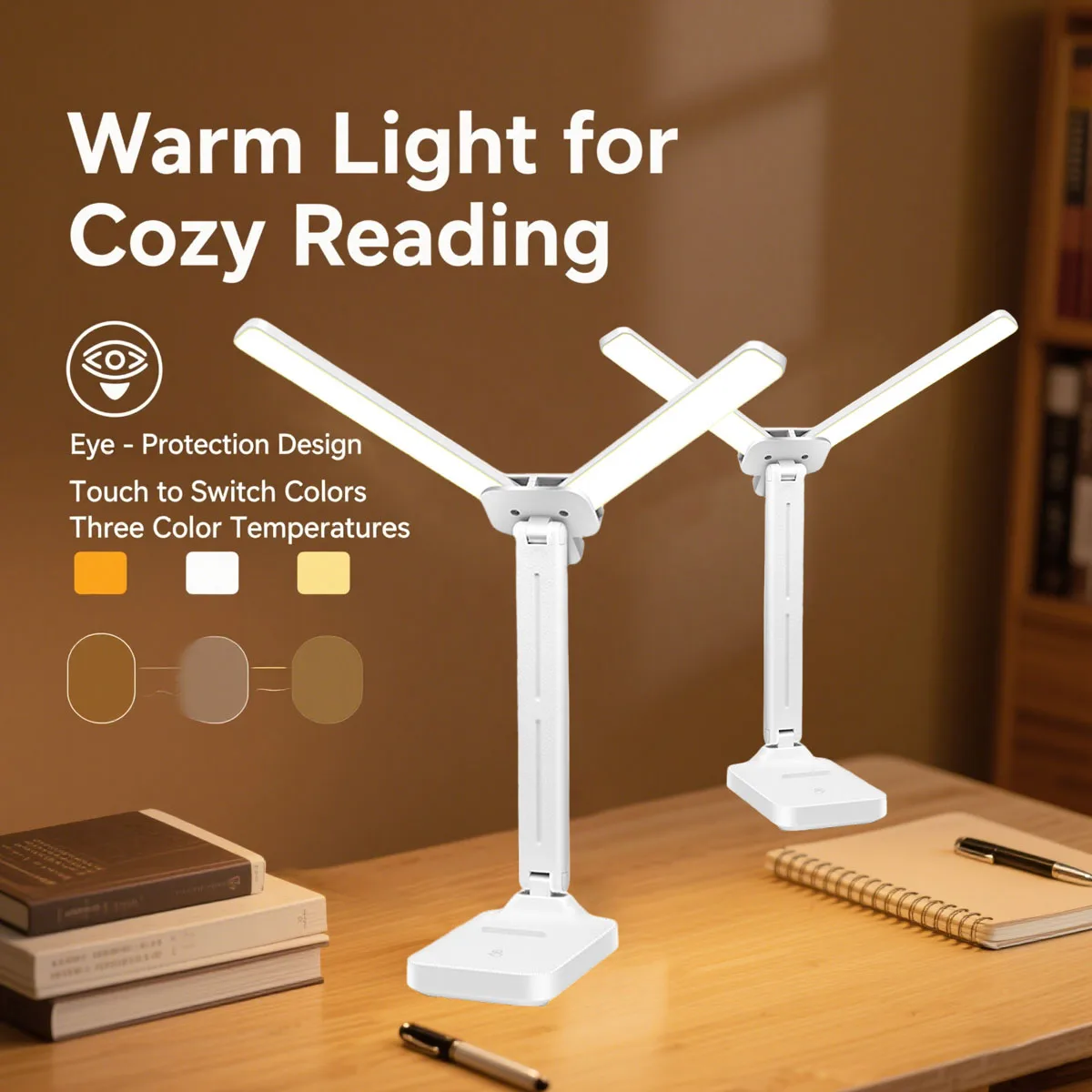

1PC dual-lamp head foldable LED desk lamp, reading desk lamp, portable lamp touch switch, dimmable, USB charging