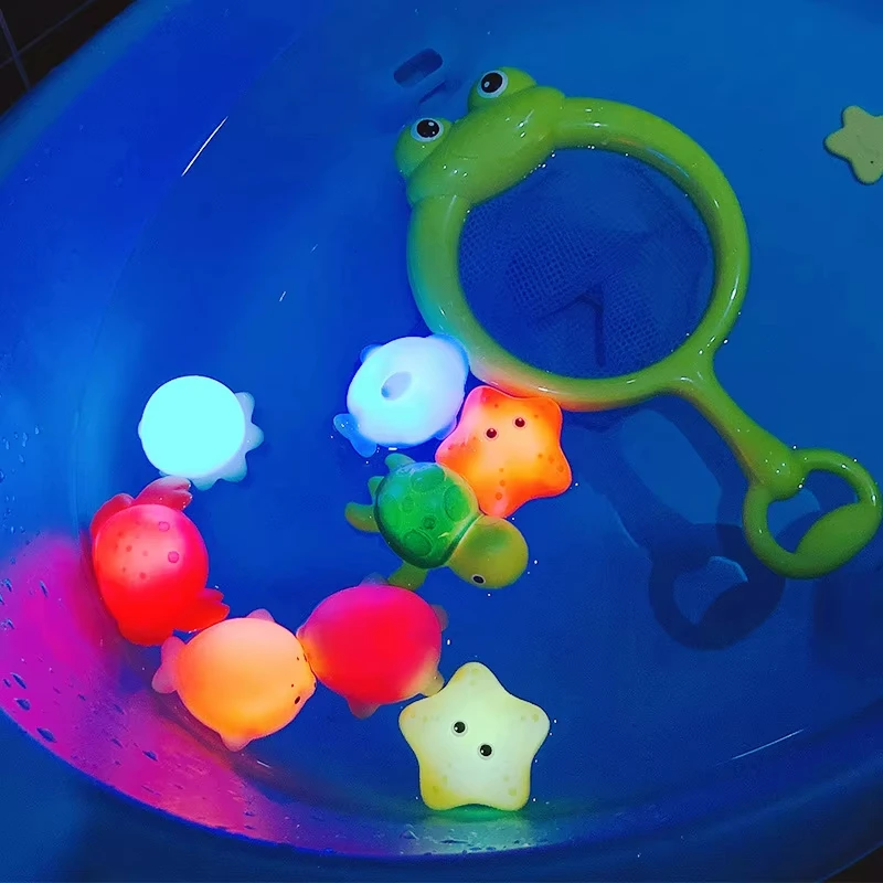 Conjunto de água de lavagem de animais brilhante das crianças rede de água flutuante pesca peixe jogando brinquedos de água brinquedos de banho do bebê