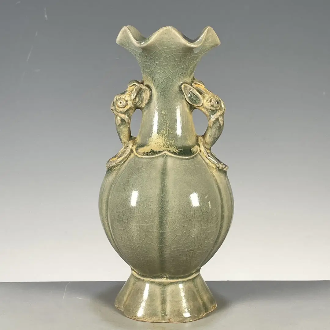 

Song Dynasty Yue Kiln celadon carved Chinese an-eared flat pot and flat bottle collection antique porcelain decoration ornaments