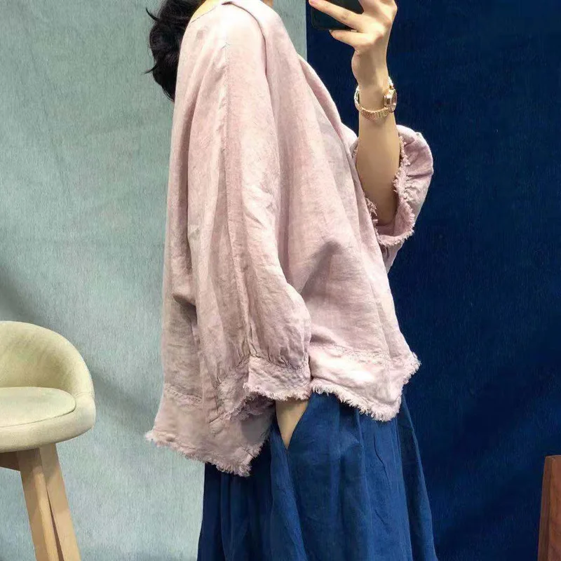 Johnature Summer New Solid Color Tassel Vintage Linen Women Tops 2024 New Casual O-neck Batwing Loose 2 Colors Female T-Shirts